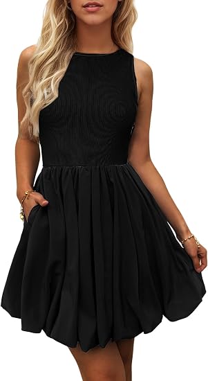 Women's Casual Bubble Mini Dress with Pockets Sleeveless Bubble Hem Striped Tank Short Dresses Summer