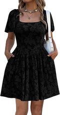 Women's Summer Floral Jacquard Square Neck Short Sleeve Mini Dress A-Line Casual Wedding Guest Dresses with Pockets