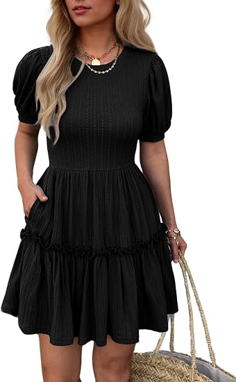 Women's Puff Sleeve Ruffle Dress, Brown Cotton Blend Mini Dress with Pockets, Elastic Waist & Flowy Fit